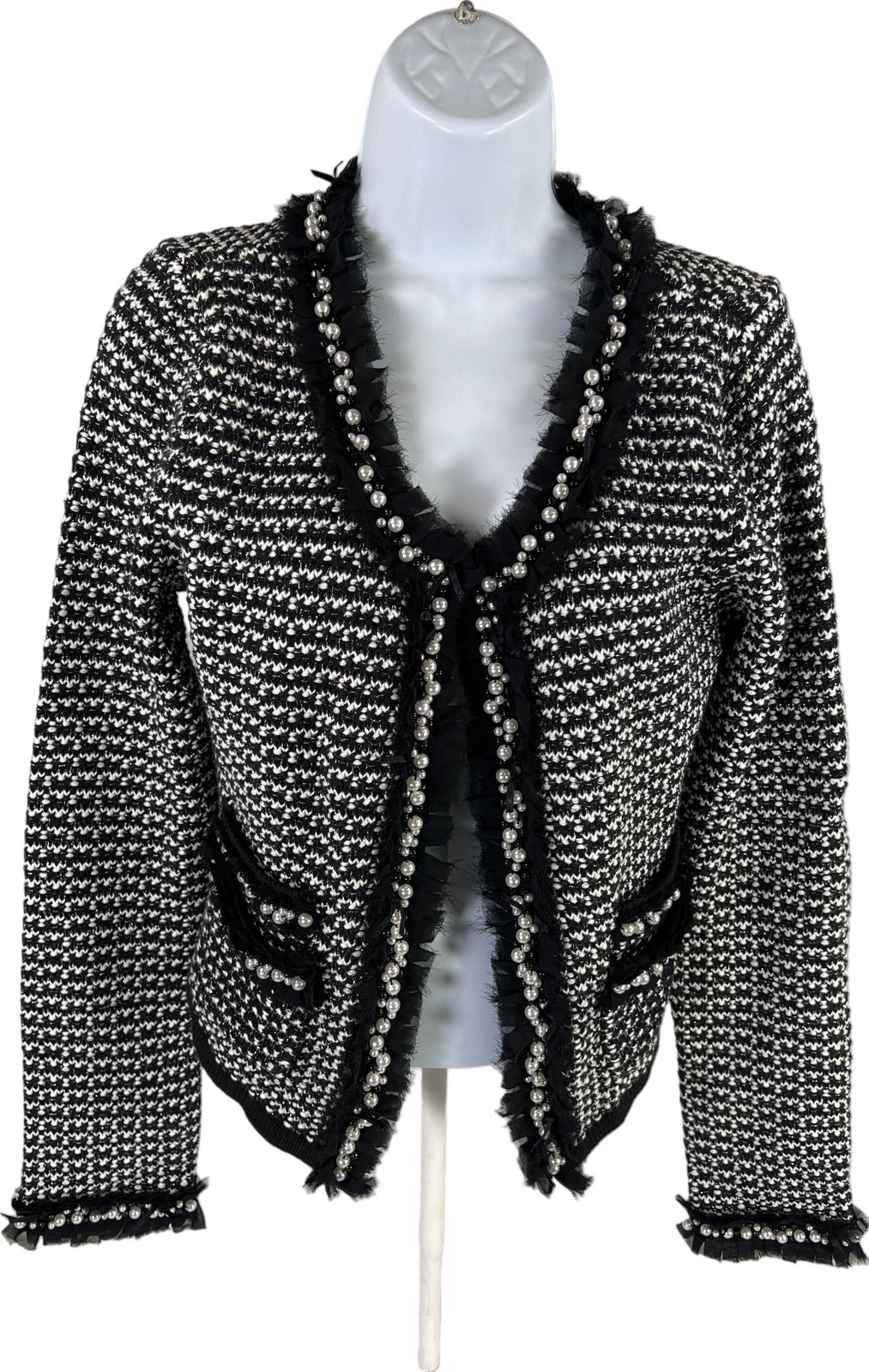 White House Black Market Women’s Black/White Beaded Accent Sweater Jacket - M