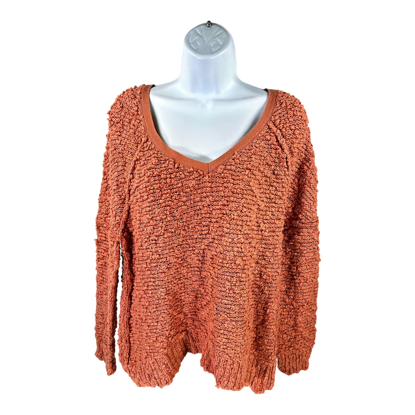 Free People Women’s Orange Boucle Slub Nubby V-Neck Long Sleeve Sweater - M