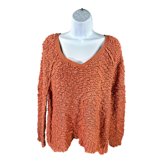 Free People Women’s Orange Boucle Slub Nubby V-Neck Long Sleeve Sweater - M