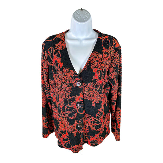 Chico’s Womens Black/Red Floral Textured Long Sleeve Open Jacket - 1/US M