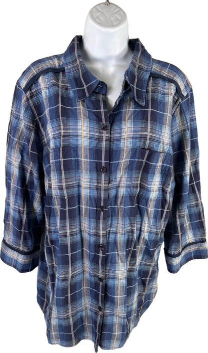 NEW CJ Banks Women’s Blue Plaid 3/4 Sleeve Button Up Shirt - Plus 2X