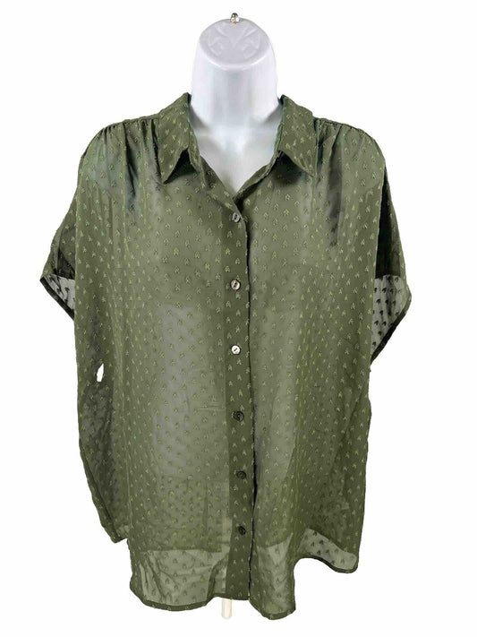 NEW Coldwater Creek Women's Green Dotted Swiss Short Sleeve Shirt - M