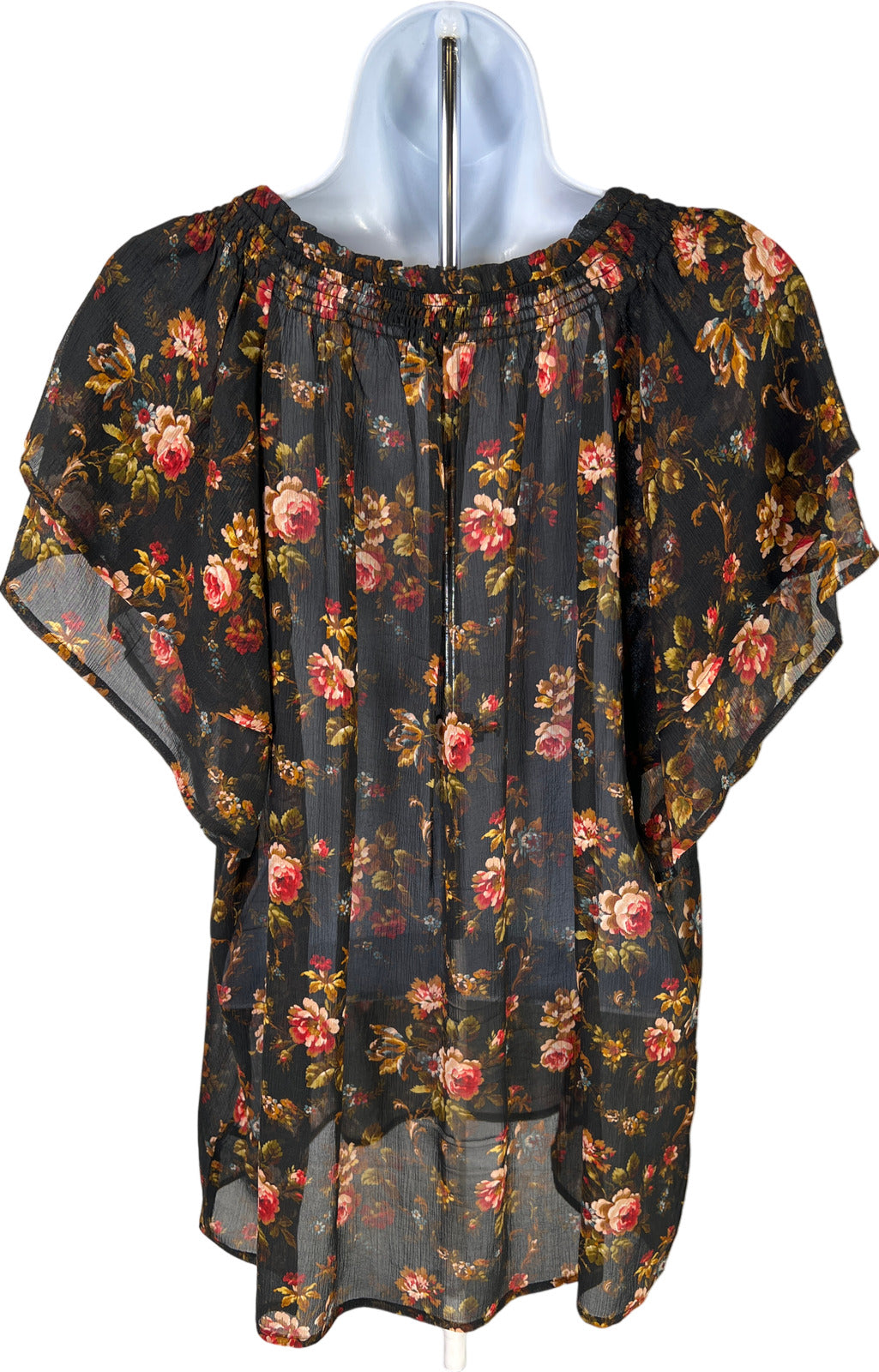 Paige Women’s Black Floral Sheer Short Sleeve V-Neck Blouse - L