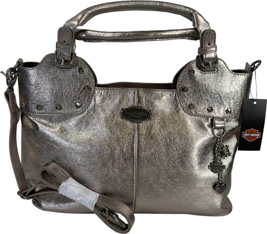 NEW Harley-Davidson Silver Metallic Leather Large Satchel Purse with Long Strap