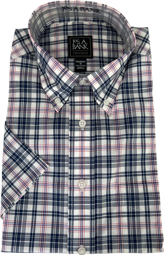 NEW Jos. A. Bank Men’s White/Blue/Red Plaid Traveler Button Down Shirt - M