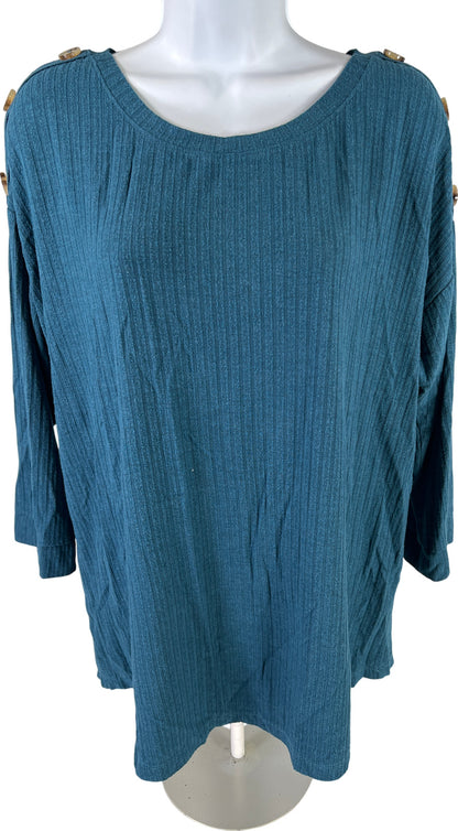 Chico’s Women’s Blue 3/4 Button Accent Sleeve Ribbed Shirt - 2/US L