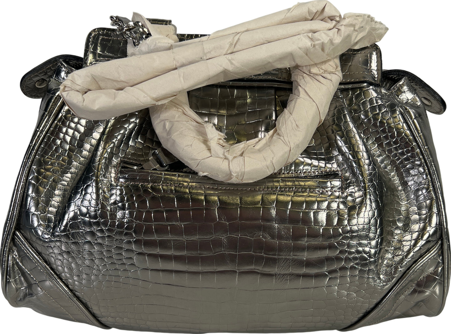 NEW Be&D Purse Silver Metallic Leather Satchel with Long Strap