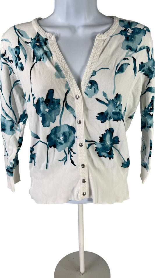 White House Black Market Women’s White Floral 3/4 Sleeve Cardigan - M