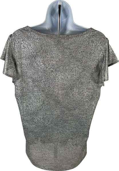 White House Black Market Women’s Gray Metallic Semi Sheer V-Neck T-Shirt - M