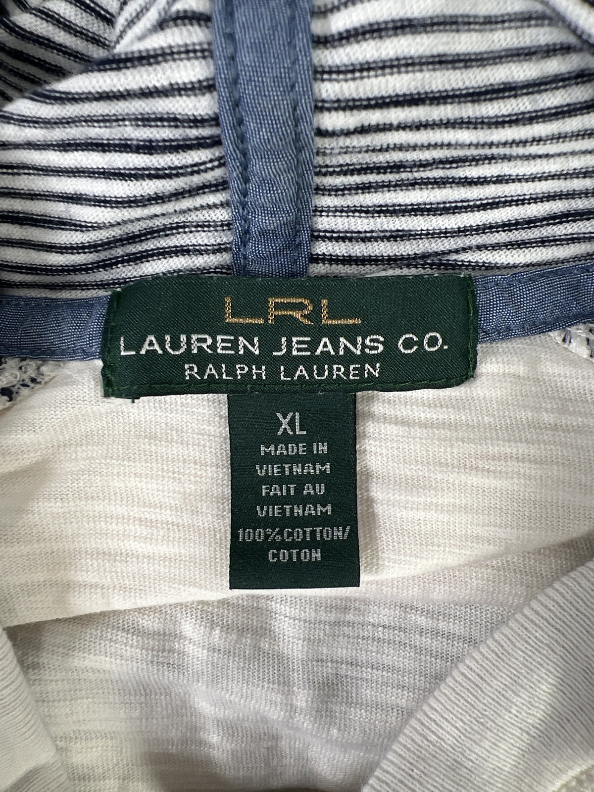 Lauren Ralph Lauren Women’s Ivory Striped 3/4 Sleeve 1/2 Zip Hooded Shirt - XL