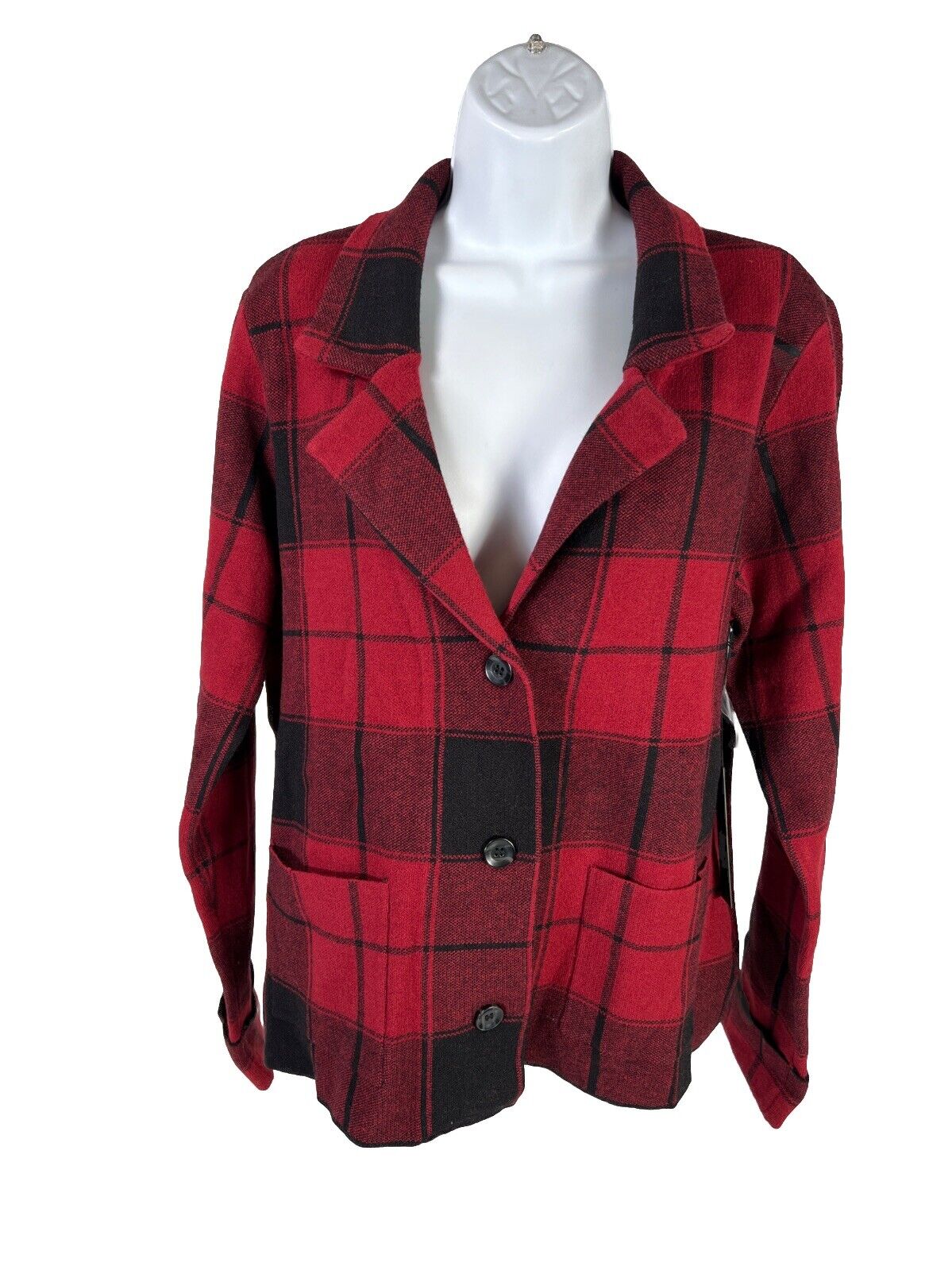 NEW Tahari Women’s Red/Black Plaid Long Sleeve Button Up Cardigan Sweater - XL