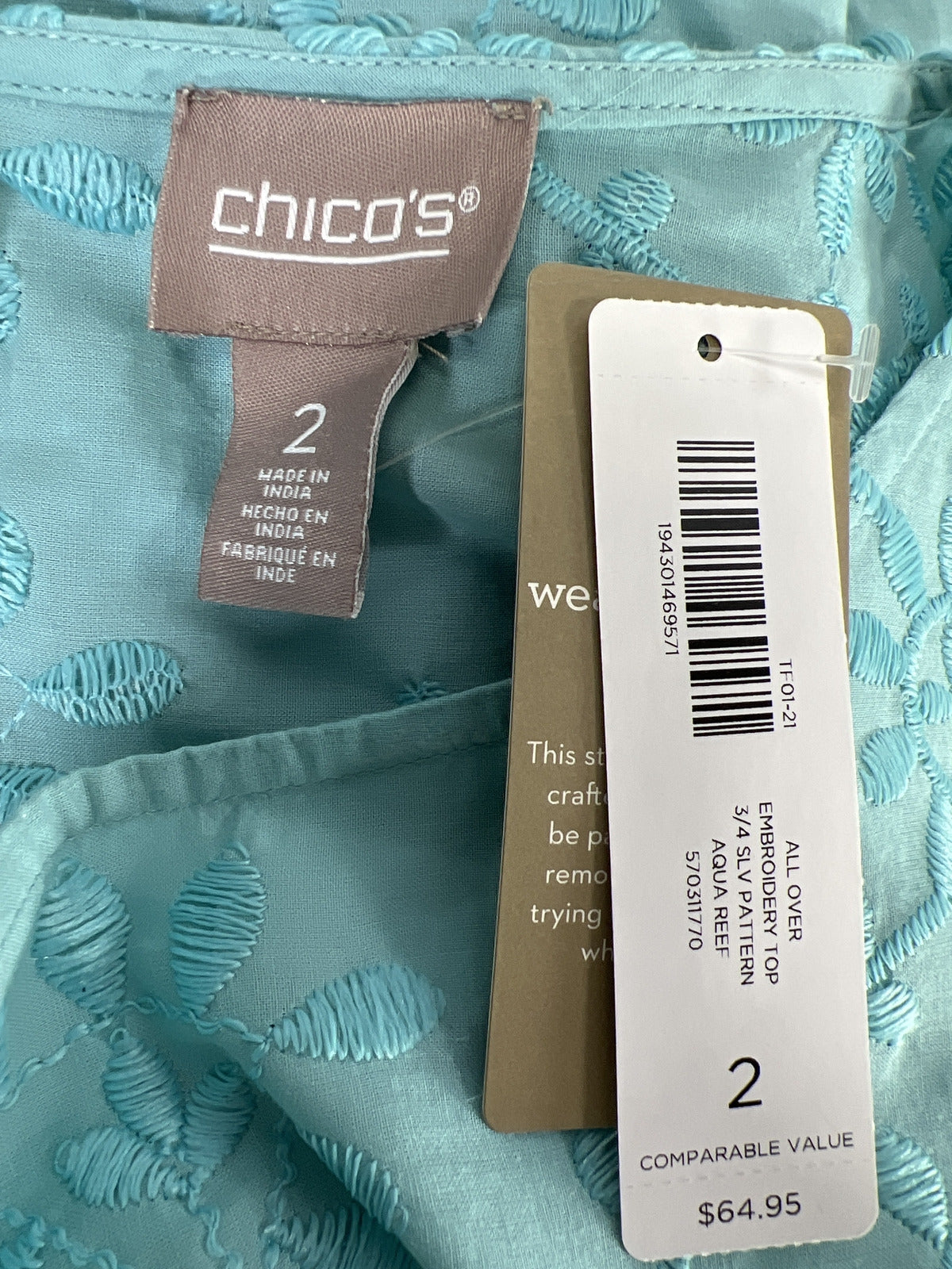 NEW Chico’s Women’s Blue Embroidered 3/4 Sleeve Tunic Top - 2/US L