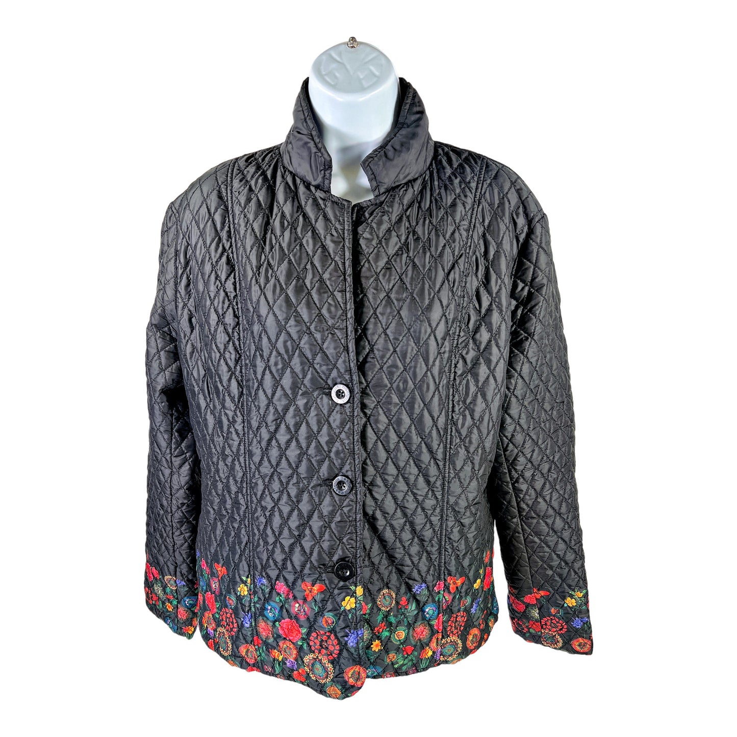 Desigual Women’s Black Floral Accent Quilted Button Front Jacket - 44