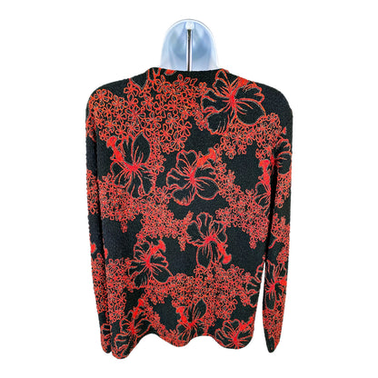 Chico’s Womens Black/Red Floral Textured Long Sleeve Open Jacket - 1/US M