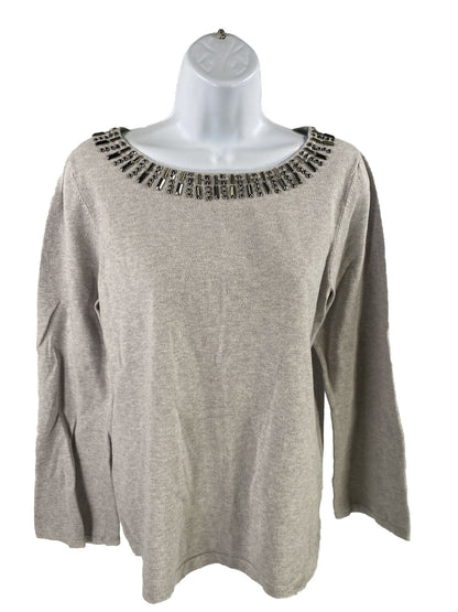 Chico's Women's Gray Beaded Neck Long Sleeve Sweater - 1/US M