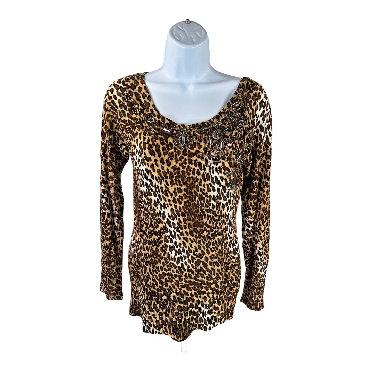 Cache Women’s Brown Animal Print Beaded Front Long Sleeve Shirt - S