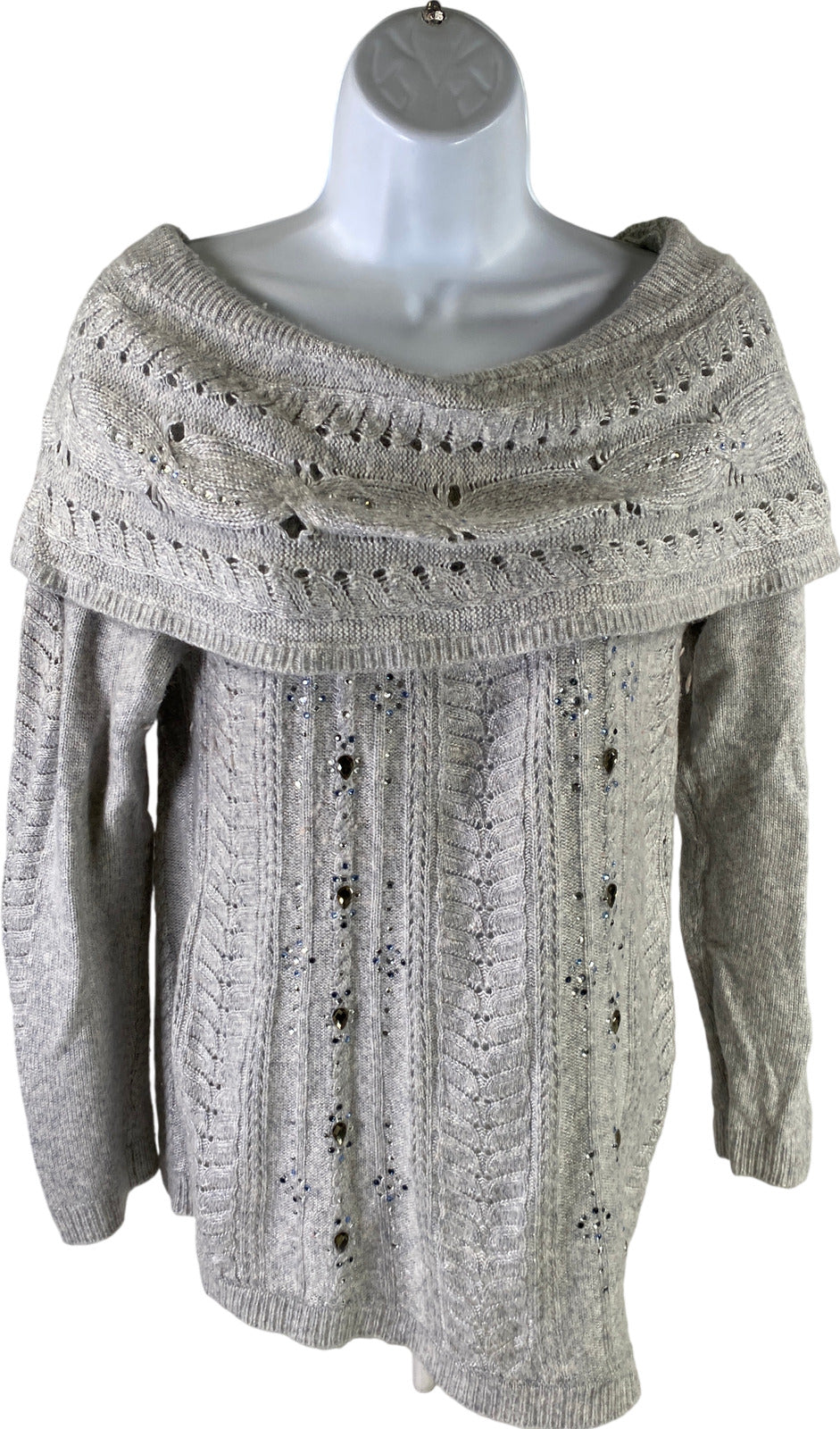 White House Black Market Women’s Gray Open Knit Jeweled Sweater - M