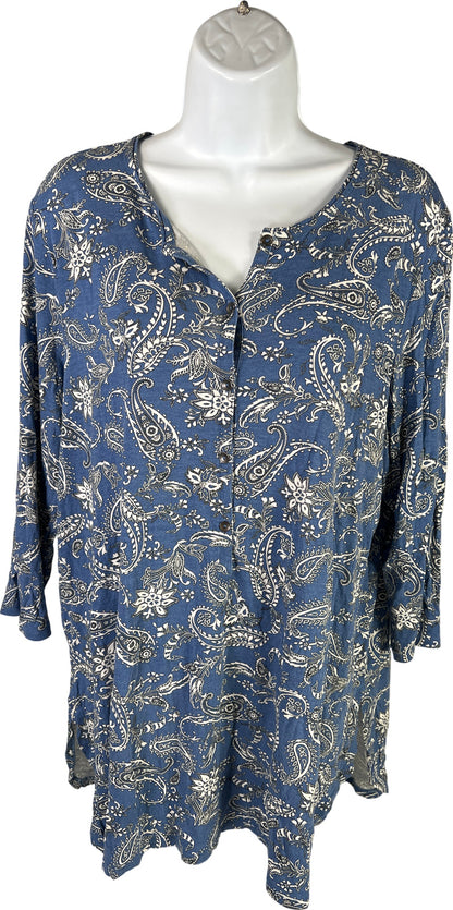 J. Jill Women’s Blue 3/4 Sleeve Paisley Henley Shirt Top - L