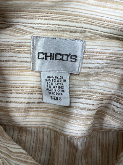 Chico’s Women’s Beige Metallic Long Sleeve Button Up Blouse - 3/XL