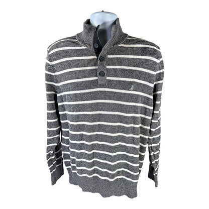 Nautica Men’s Gray/White Striped Long Sleeve Sweater Polo - L