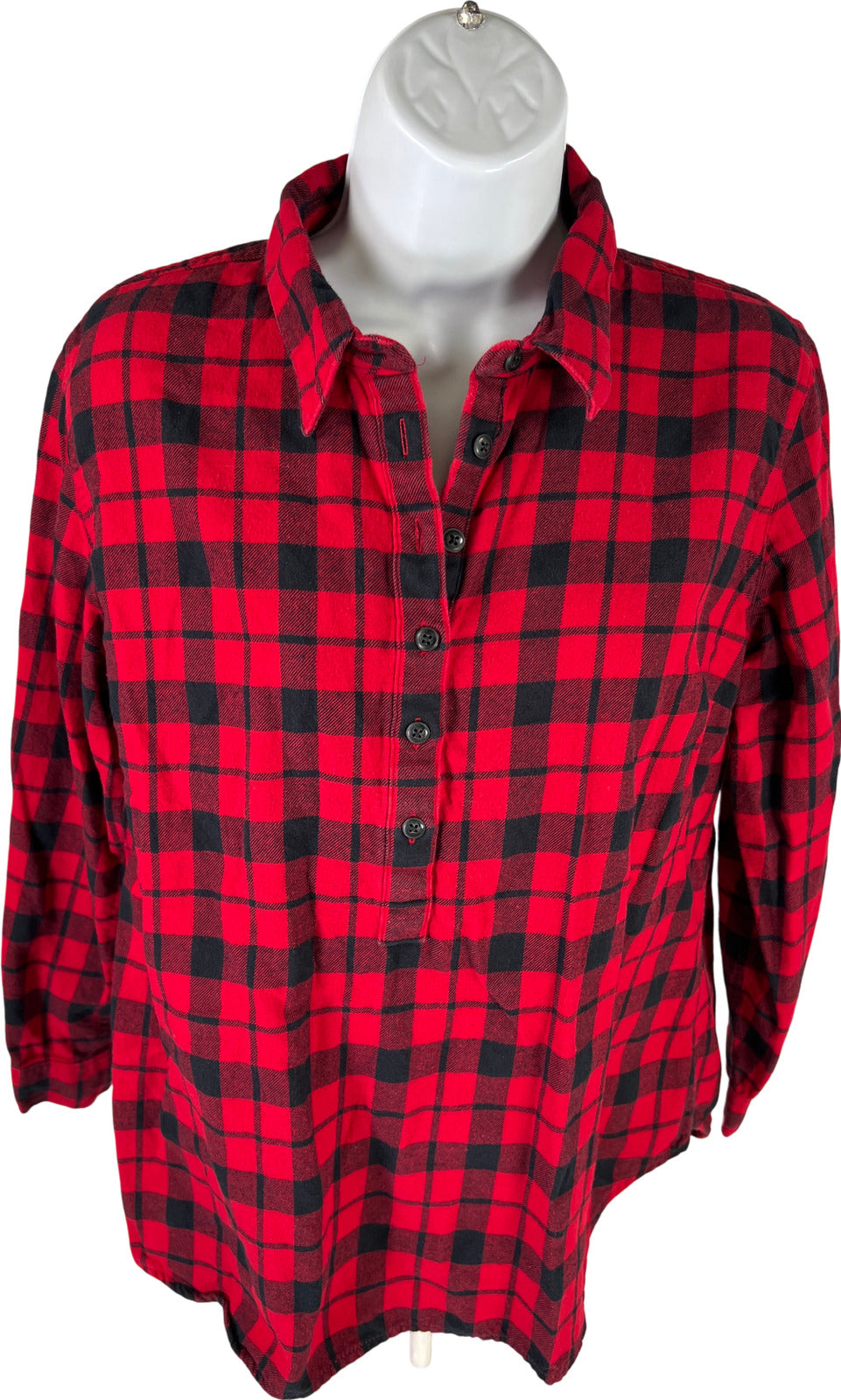 Coldwater Creek Women’s Red Buffalo Plaid 1/2 Button Up Flannel Shirt - Petite M