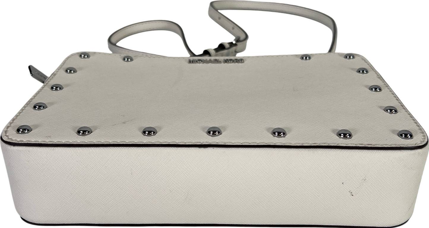 Michael Kors Women’s White Sandrine Studded Leather Zip Close Crossbody Purse