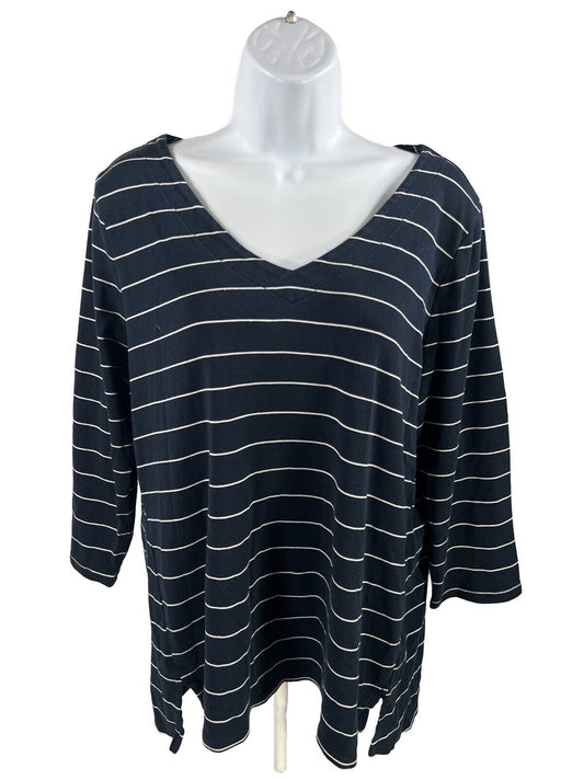 J. Jill Women's Navy Blue Striped 3/4 Sleebe Pima V-Neck Shirt - L