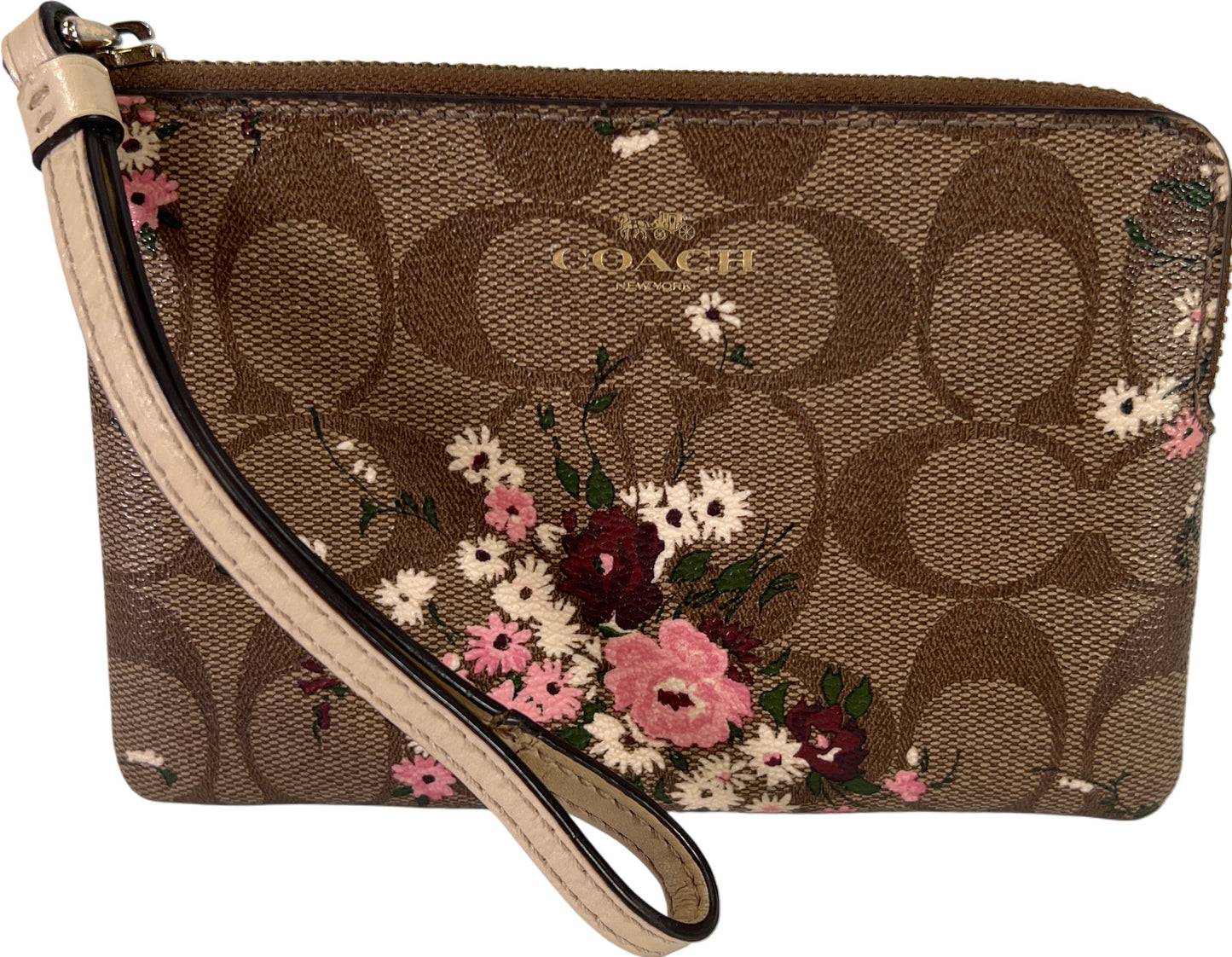 Coach Brown Signature Floral Coated Canvas Corner Zip Wristlet Pouch