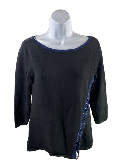 White House Black Market Women's Black Lace Up Hem Pullover Sweater - S