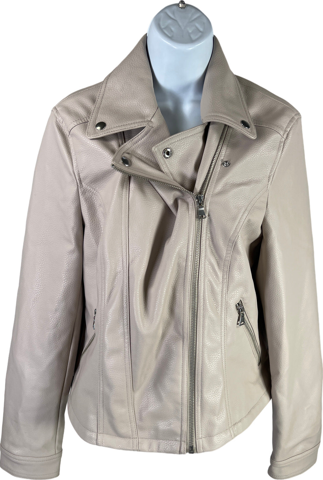 Express Women’s Taupe/Beige Faux Leather Long Sleeve Full Zip Basic Jacket - L