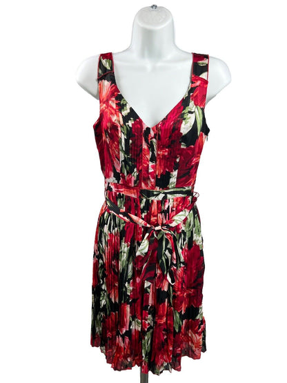 White House Black Market Women's Red Floral Tie Front Pleated Dress - 00