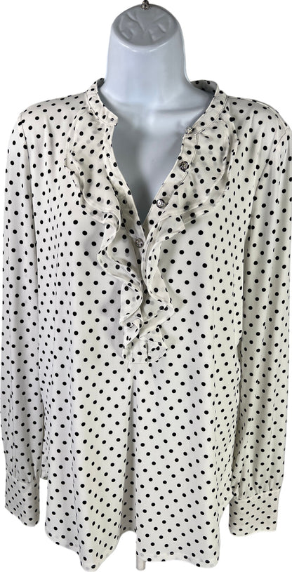 White House Black Market Women’s White Polka Dot Ruffle Neck Top - L