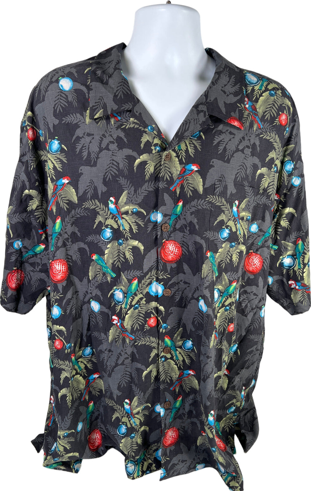 Tommy Bahama Men’s Gray Silk Hawaiian Christmas Birds Button Up Shirt - 3XL