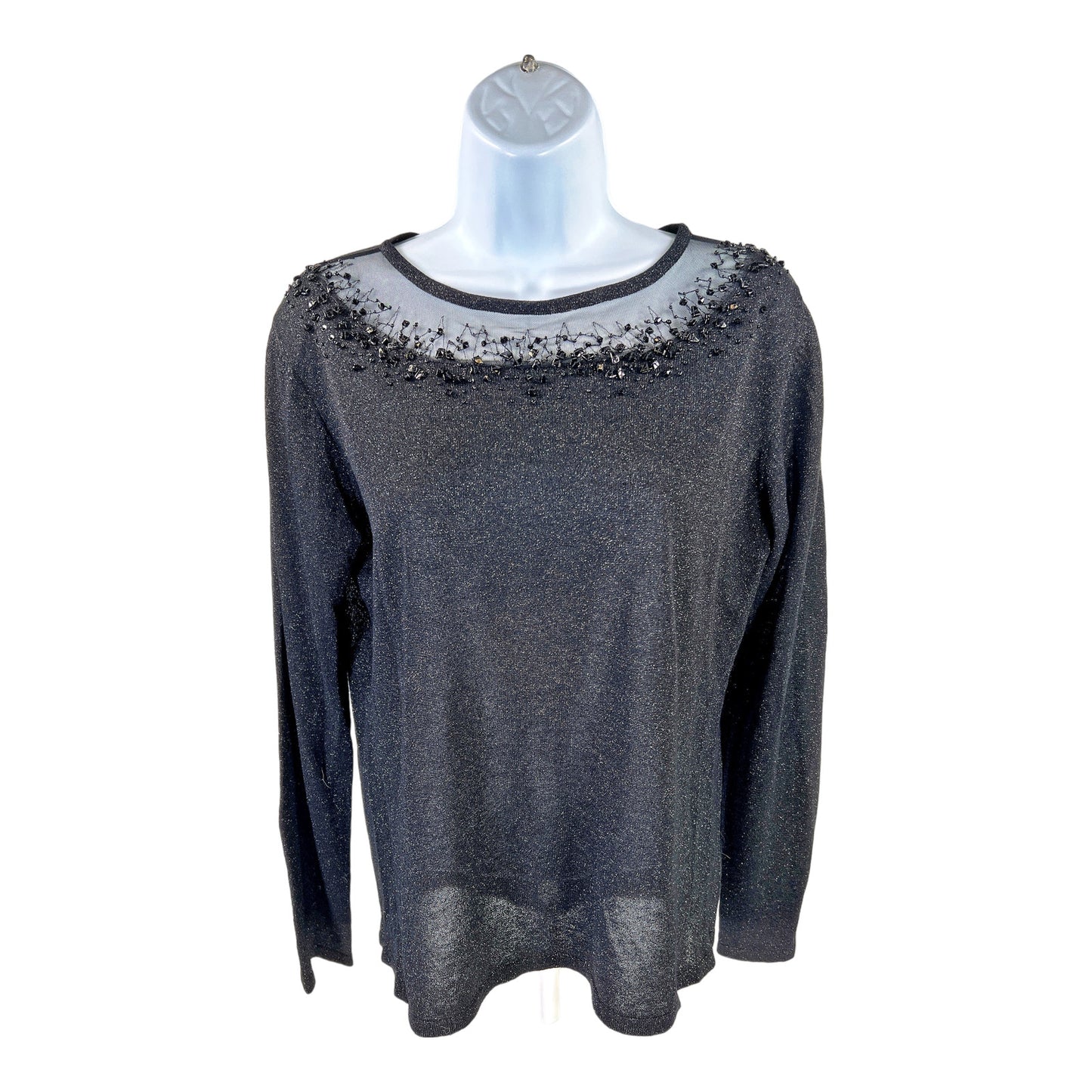 Chicos Women’s Black Mesh/Beaded Neckline Thin Knit Long Sleeve Sweater - 1/US M