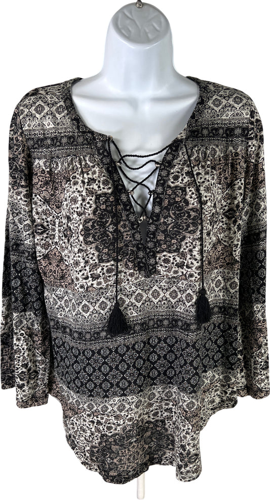 Lucky Brand Women’s Black Paisley 3/4 Sleeve Tassel Top - S