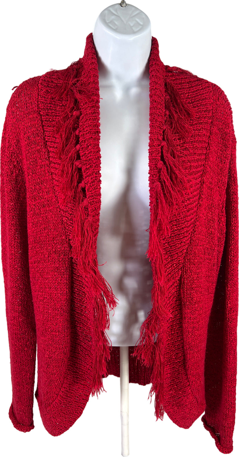 Chico’s Women’s Red Open Knit Fringe Accent Cardigan Sweater - 1/US M