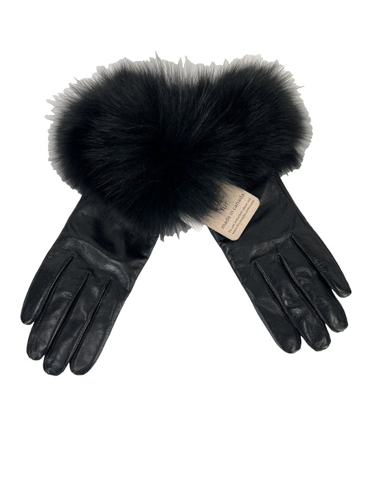 NEW Frr Women’s Black Genuine Fox Fur Trim. Wool Lined Leather Gloves - S