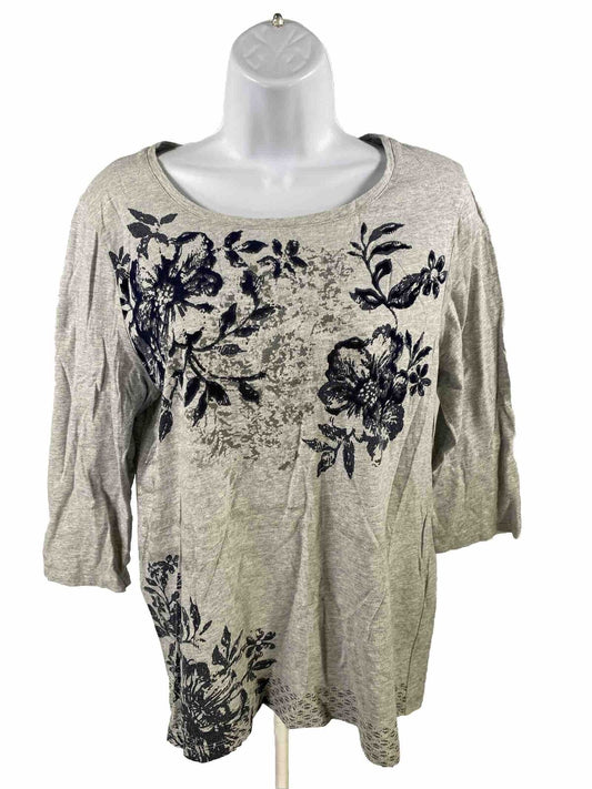 Chico's Women's Gray Floral Zenergy 3/4 Sleeve T-Shirt - Petite 2P