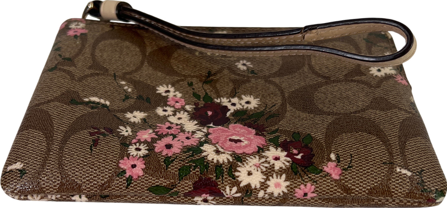 Coach Brown Signature Floral Coated Canvas Corner Zip Wristlet Pouch