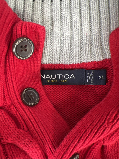 Nautica Men’s Red Cable Knit Henley Button Holiday Sweater - XL