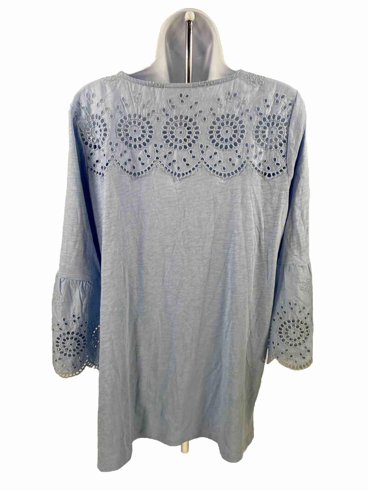 J.Jill Women's Blue 3/4 Bell Sleeve Eyelet Tunic Shirt - M