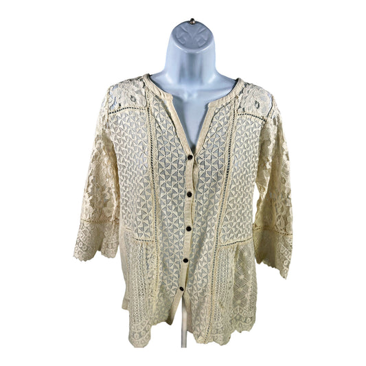 Lucky Brand Women’s Ivory Crochet 3/4 Sleeve Button Up Shirt - S