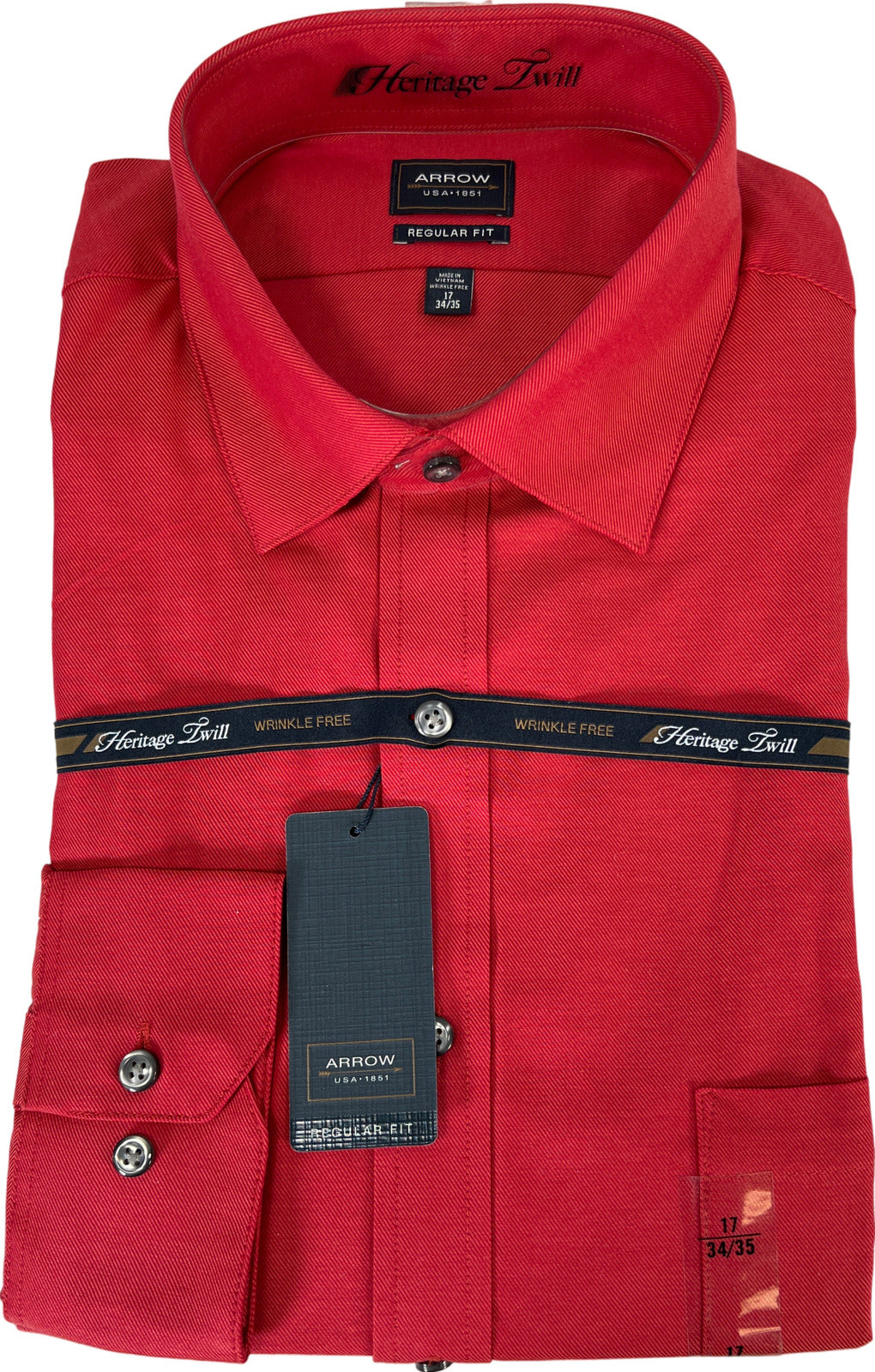 NEW Arrow Men’s Red Heritage Twill Regular Fit Dress Shirt - 17 34/35