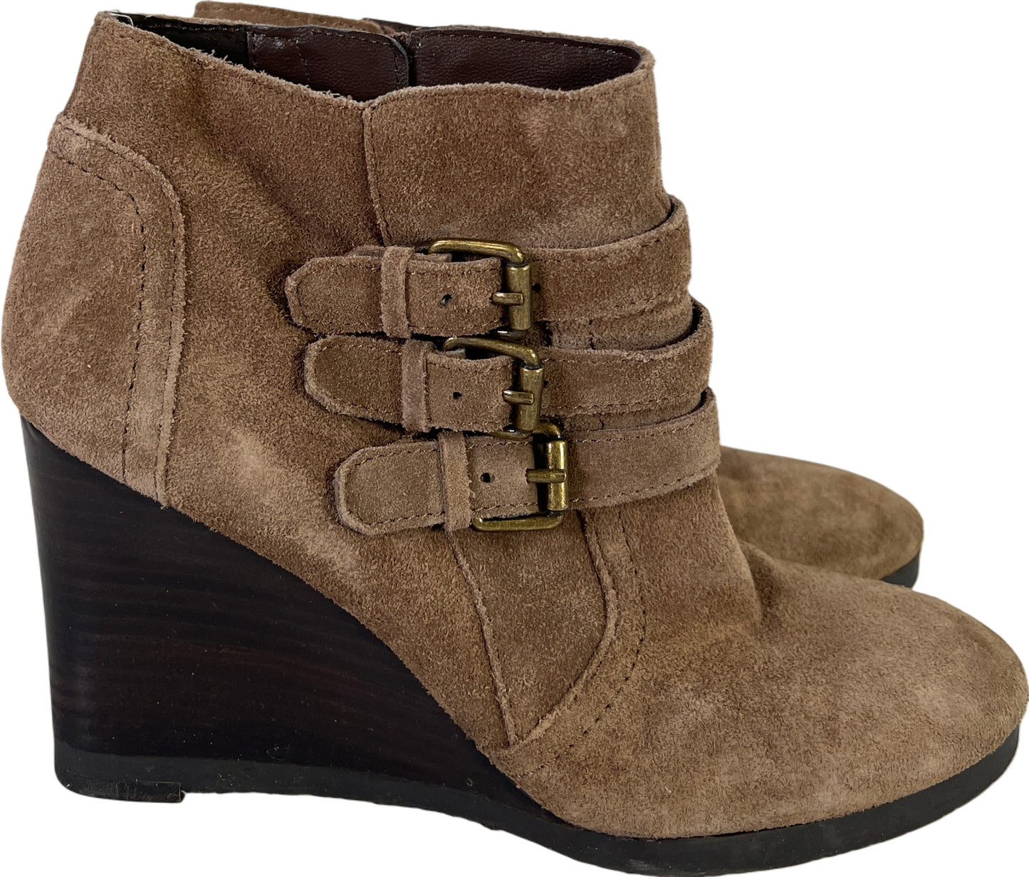 Franco Sarto Women’s Brown Suede Buckle Accent Wedge Booties - 7.5 M