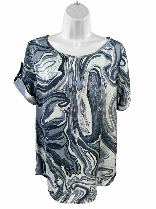 Michael Kors Women's Blue Marbled Print Sheer Short Sleeve Blouse - M