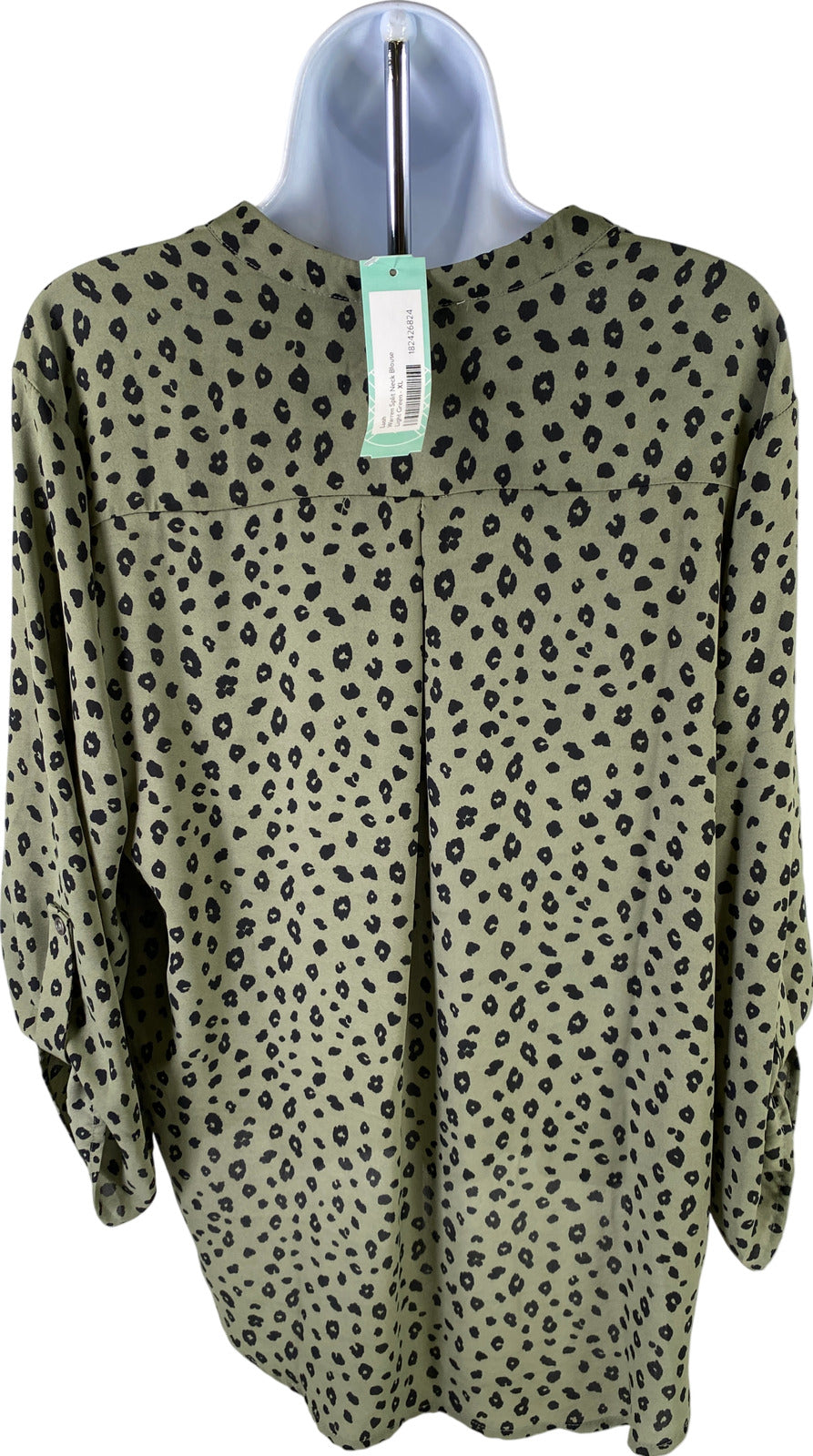 NEW Lush Women’s Green Leopard Print V-Neck Roll Tab Sleeve Top - XL