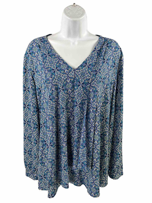 Chico's Women's Blue Paisley Long Sleeve V-Neck Top - 2/US 12