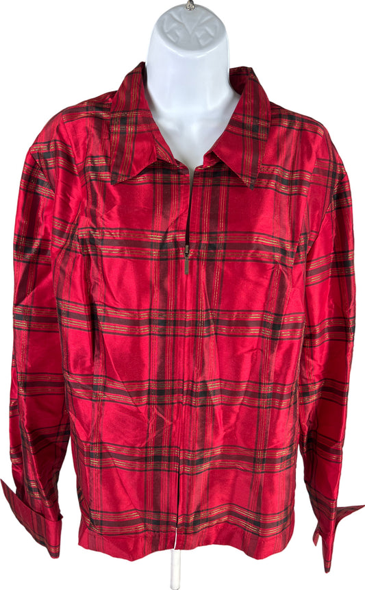 NEW Coldwater Creek Women’s Red/Gold Metallic Plaid Zip Front Blouse - XL