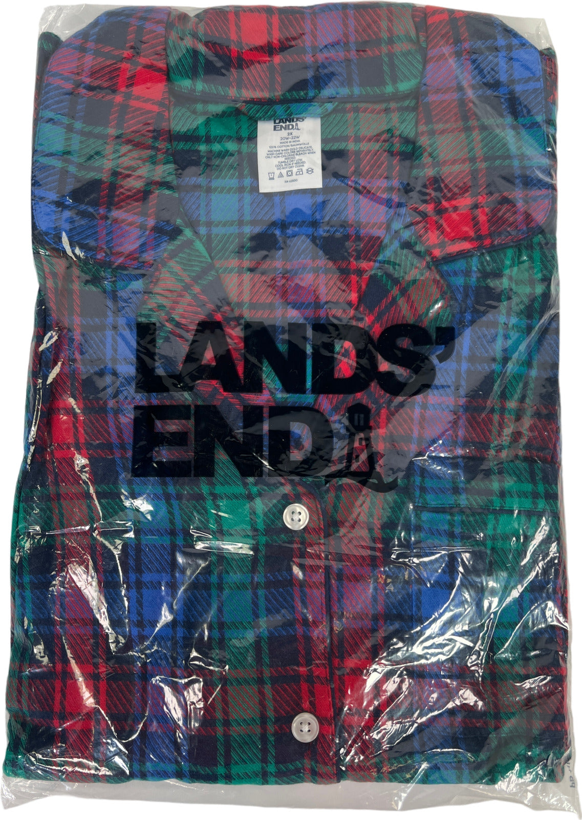 NEW Lands End Women’s Blue/Red Plaid Flannel Button Up Pajama Shirt - Plus 2X