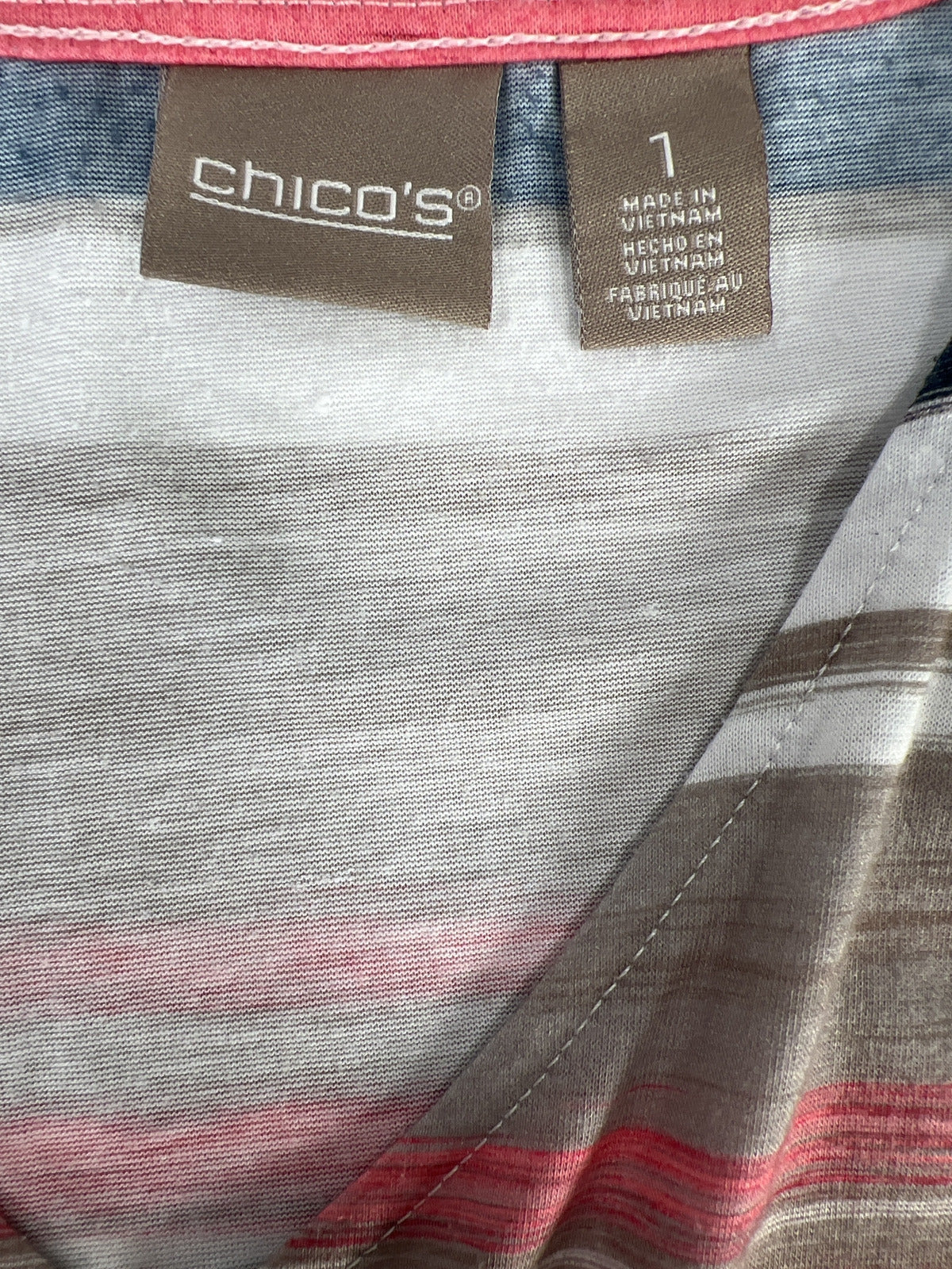 Chico’s Women’s Gray/Multi-Color Striped Short Sleeve V-Neck T-Shirt - 1/M